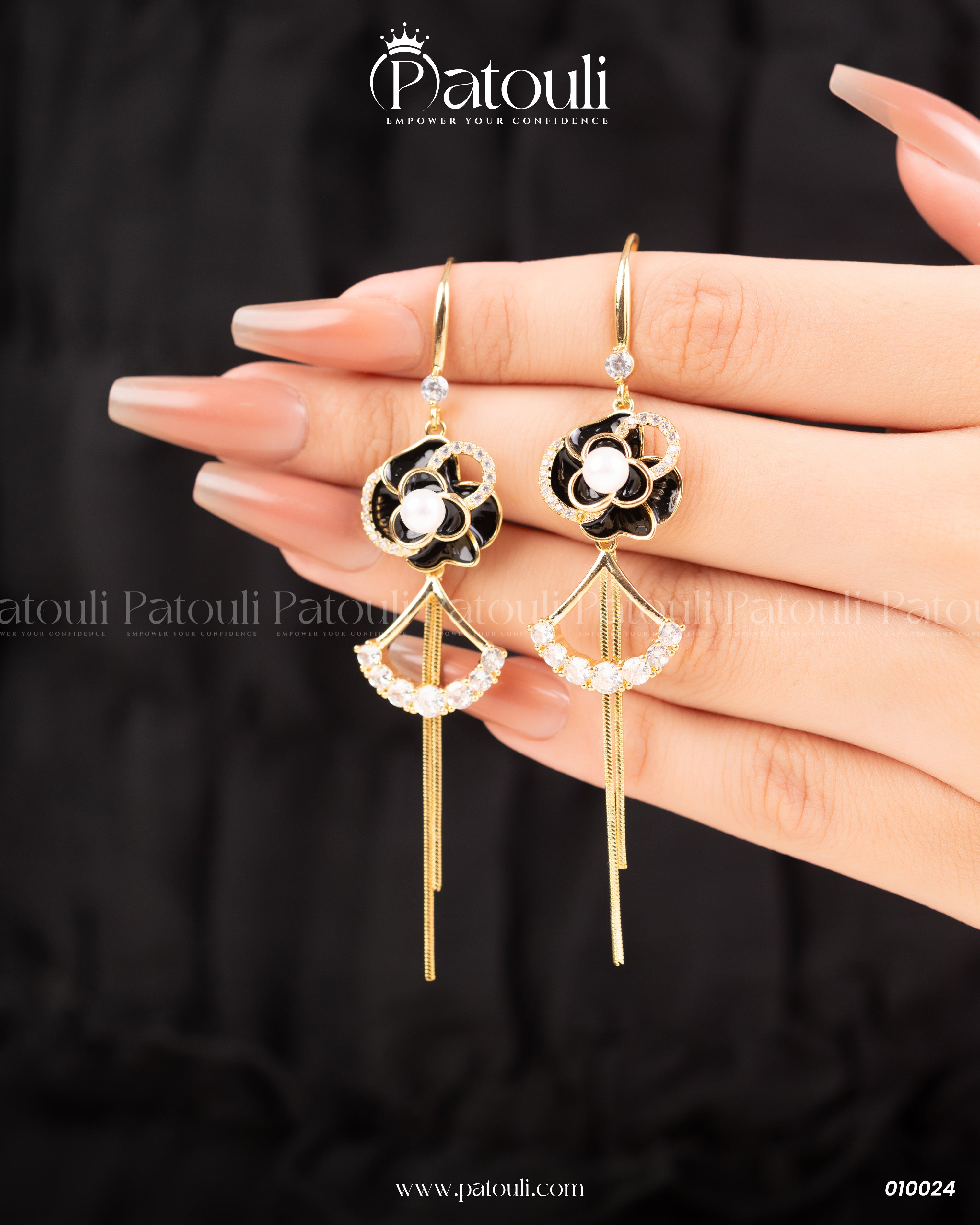 Bold Black Rose With Pearl Drop Earrings