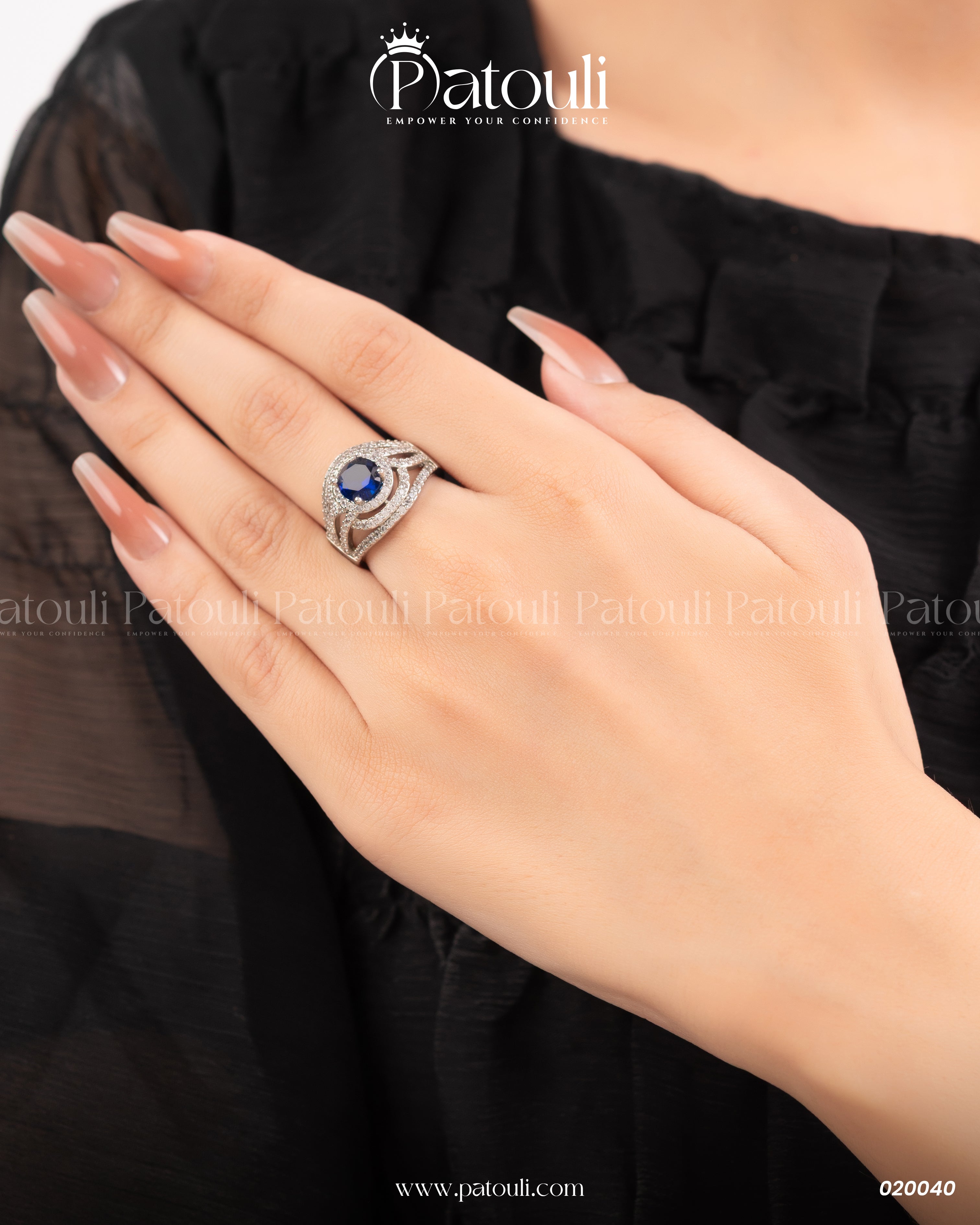 Blue Rhinestone Multi Row Silver Ring
