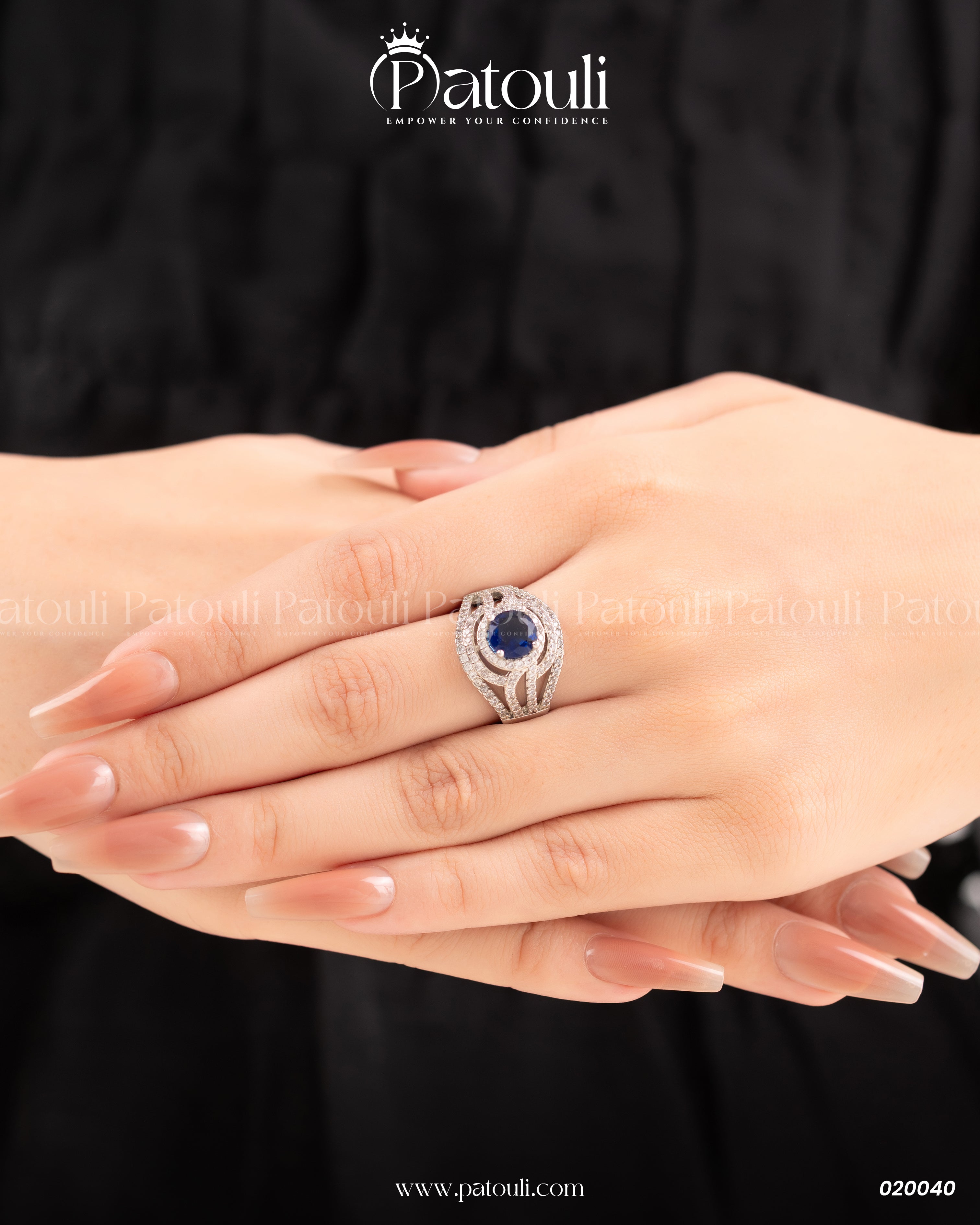 Blue Rhinestone Multi Row Silver Ring