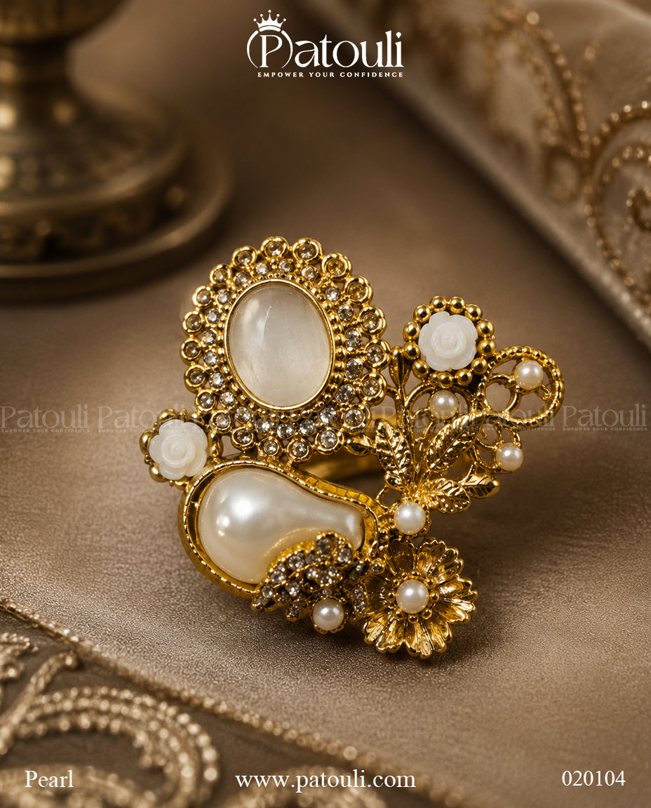 Amara Floral & Pearl Adjustable Ring