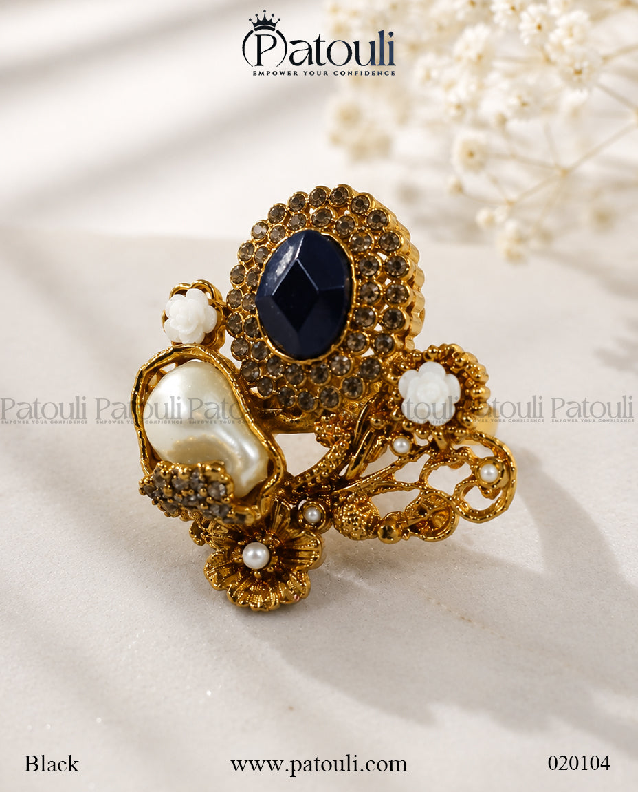 Amara Floral & Pearl Adjustable Ring
