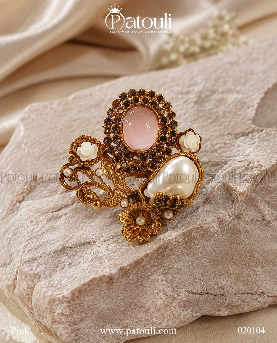 Amara Floral & Pearl Adjustable Ring