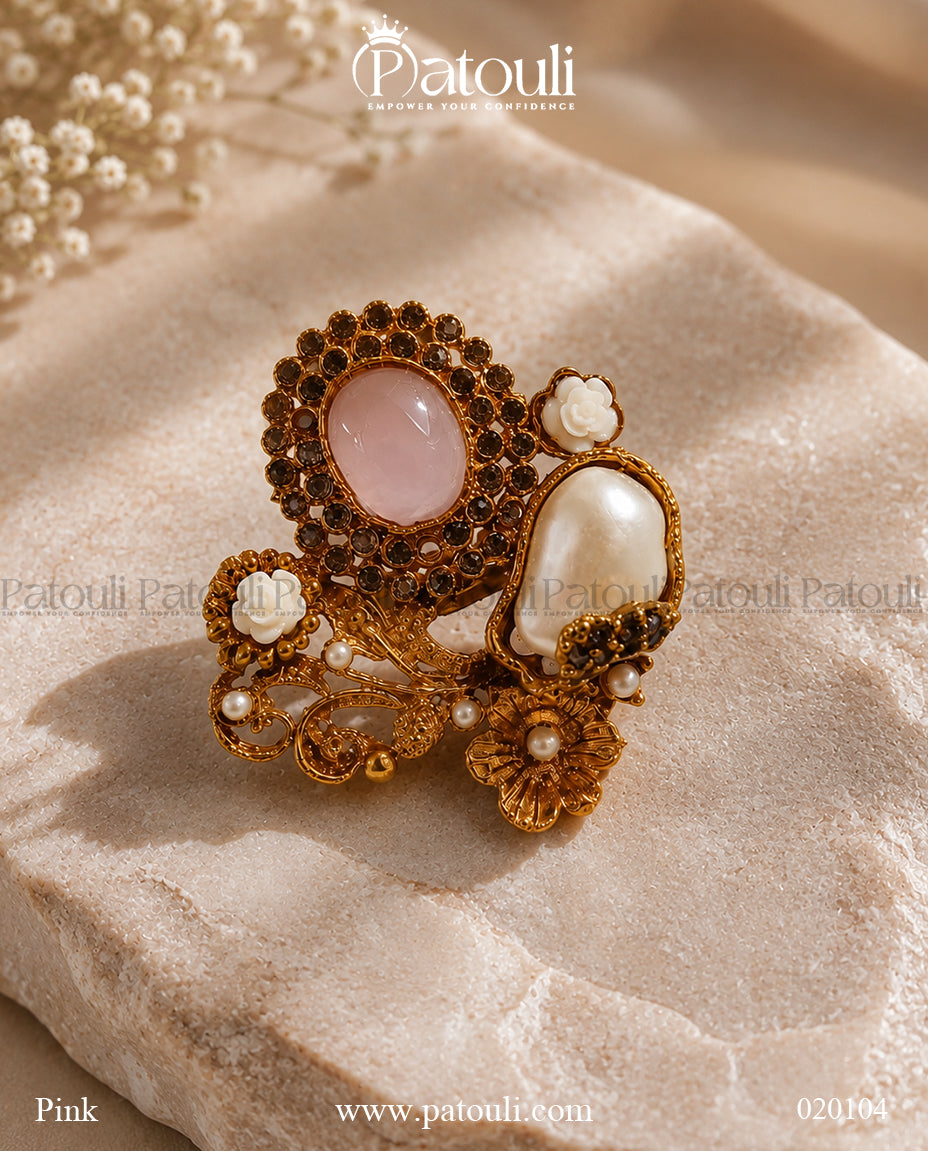 Amara Floral & Pearl Adjustable Ring