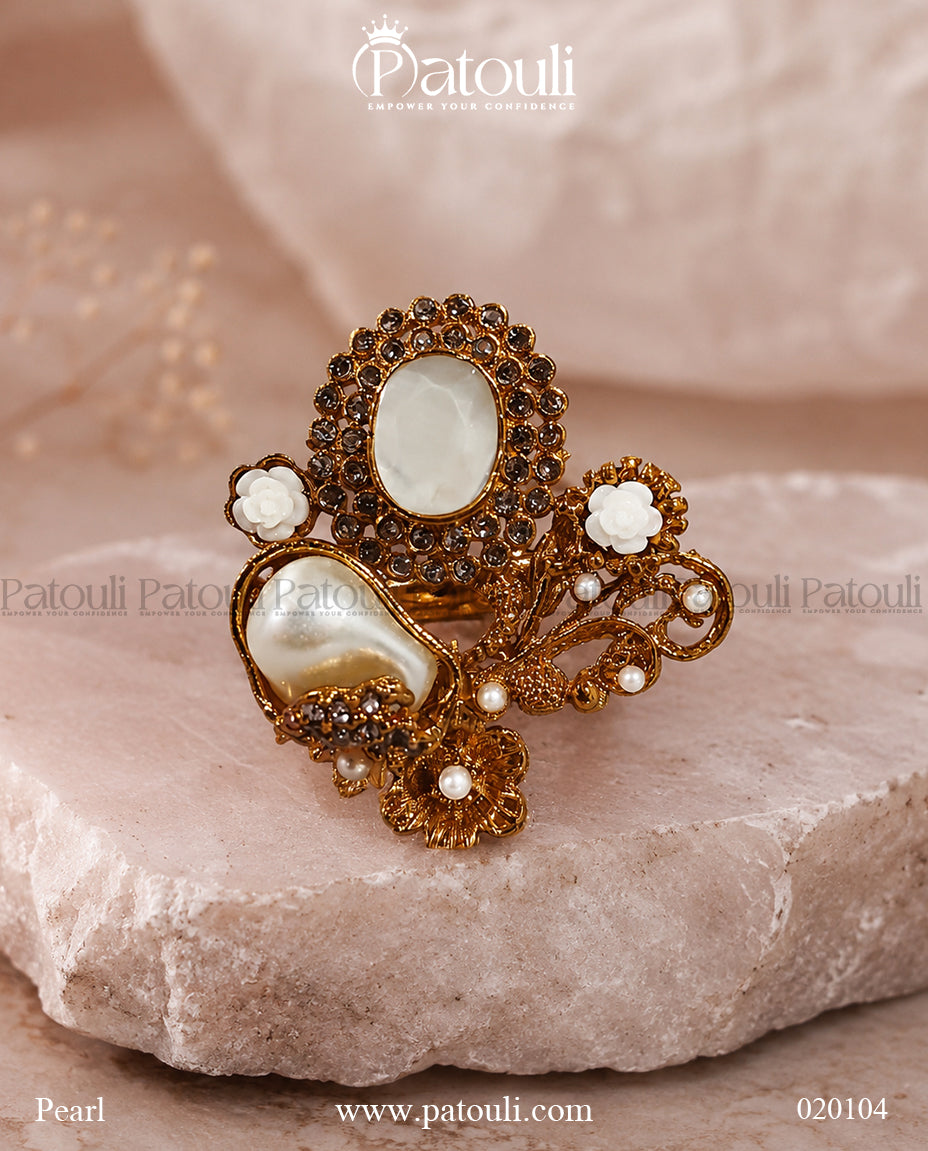 Amara Floral & Pearl Adjustable Ring