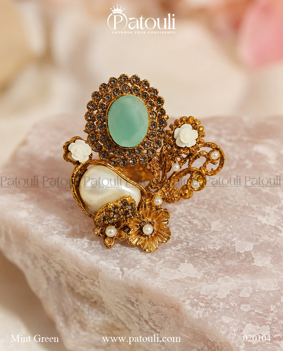 Amara Floral & Pearl Adjustable Ring