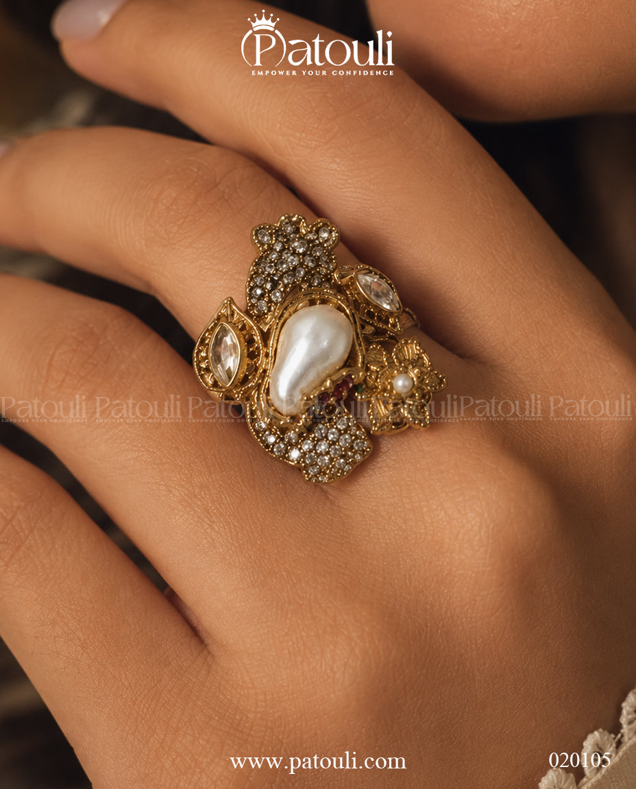 Midnight Blossom Adjustable Pearl Cocktail Ring