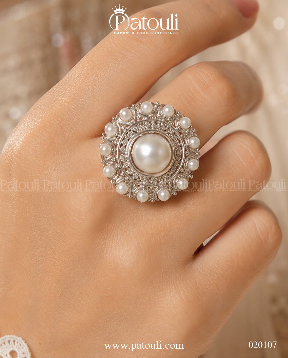 Silver Pearl Cluster Ring Adjustable