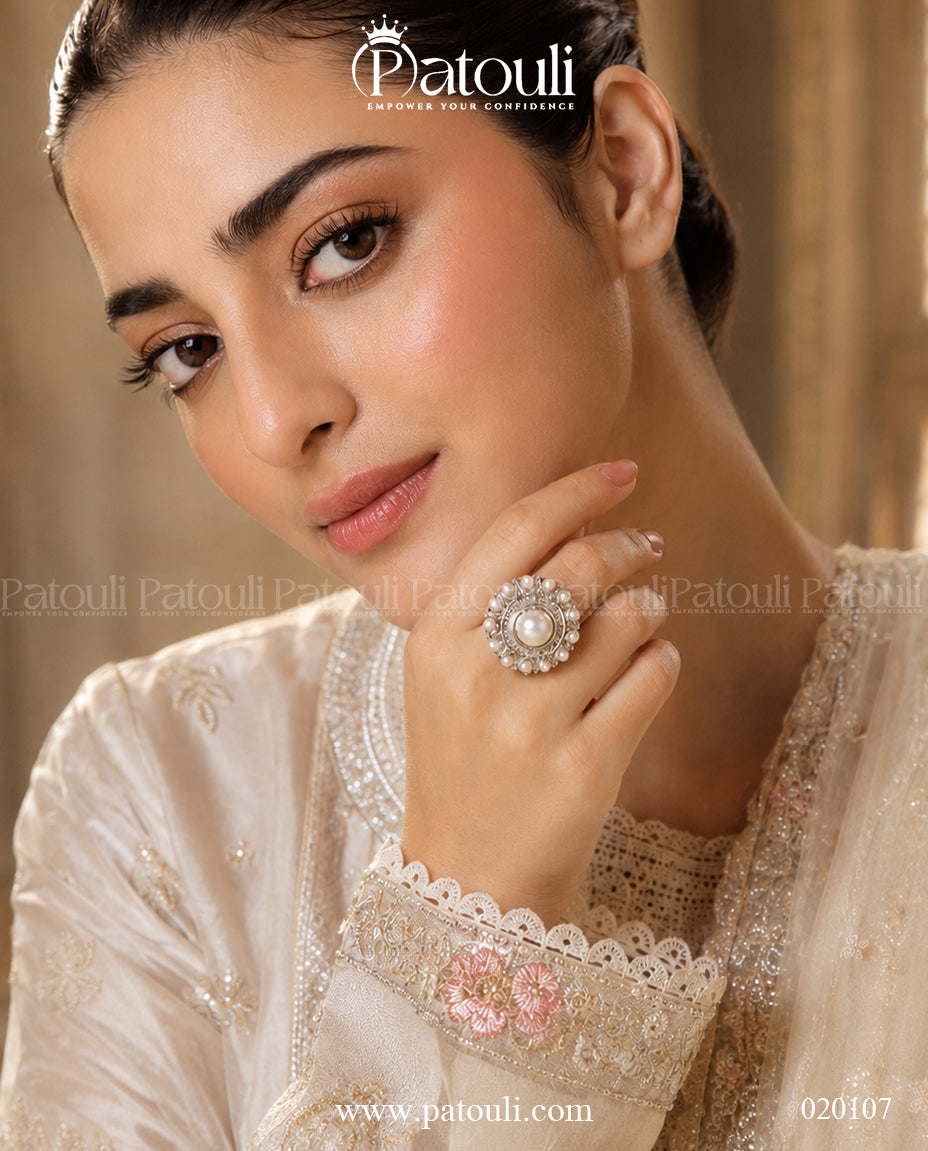 Silver Pearl Cluster Ring Adjustable