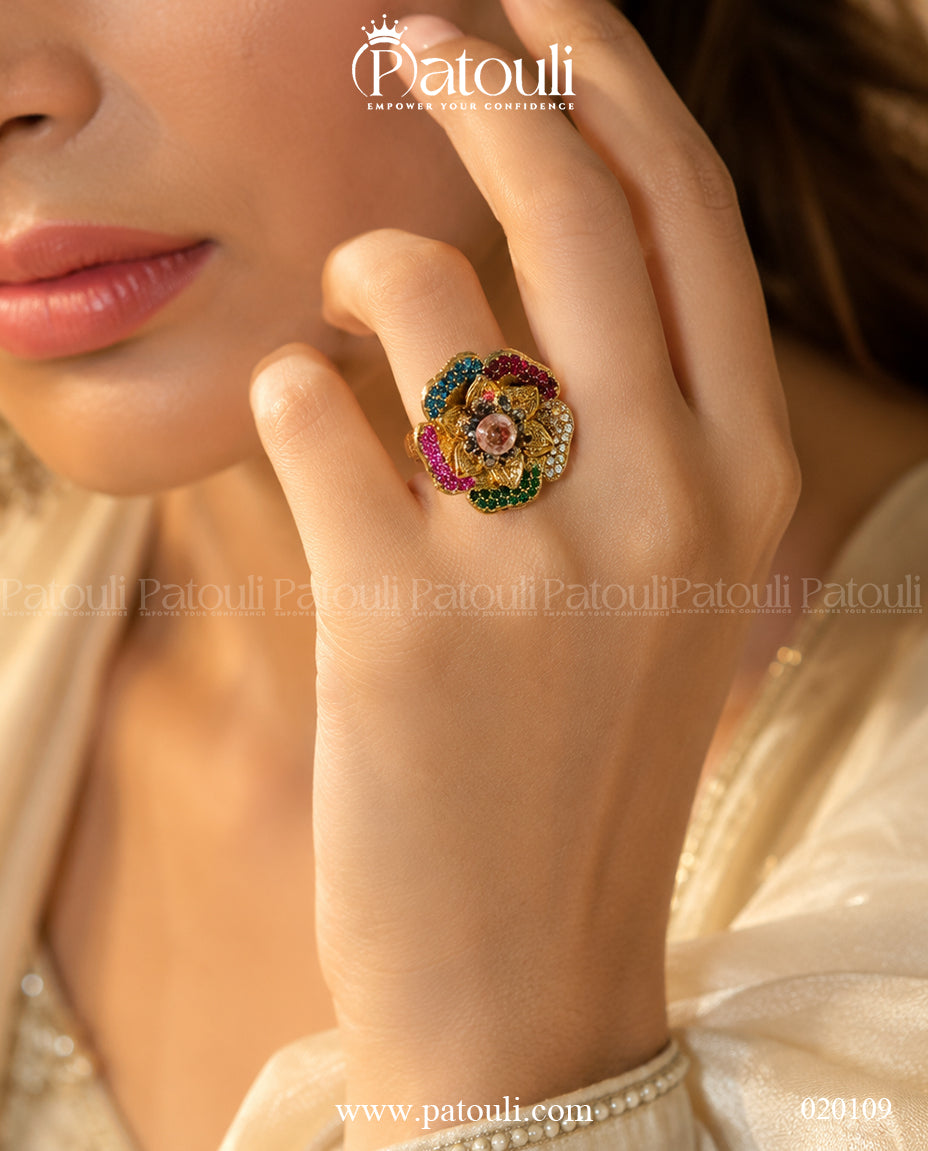 Artisan Multi-Tone Gemstone Flower Ring