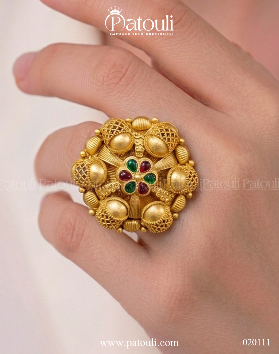 Gold Plated Rajwadi multi stone  Ring Adjustable