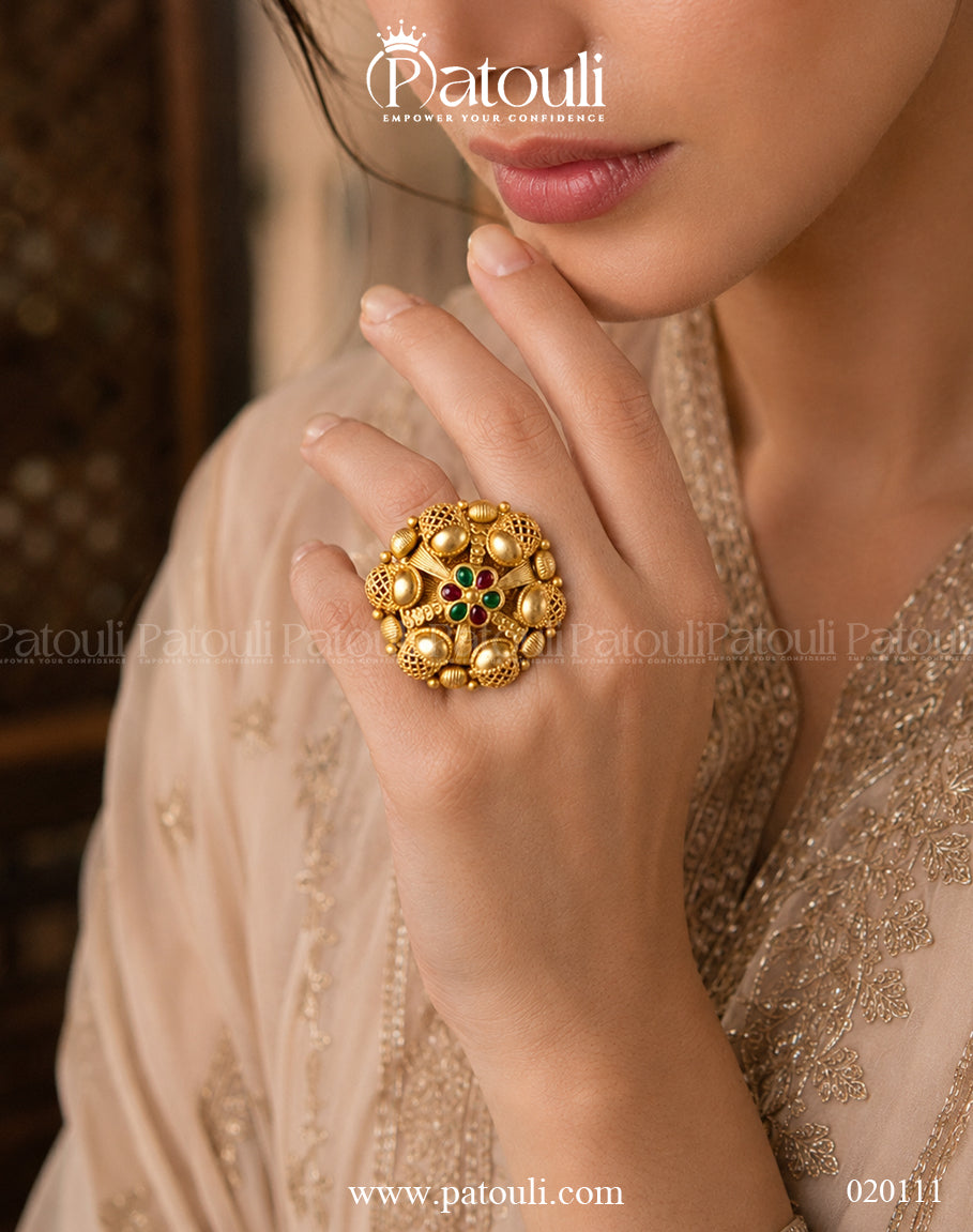Gold Plated Rajwadi multi stone  Ring Adjustable