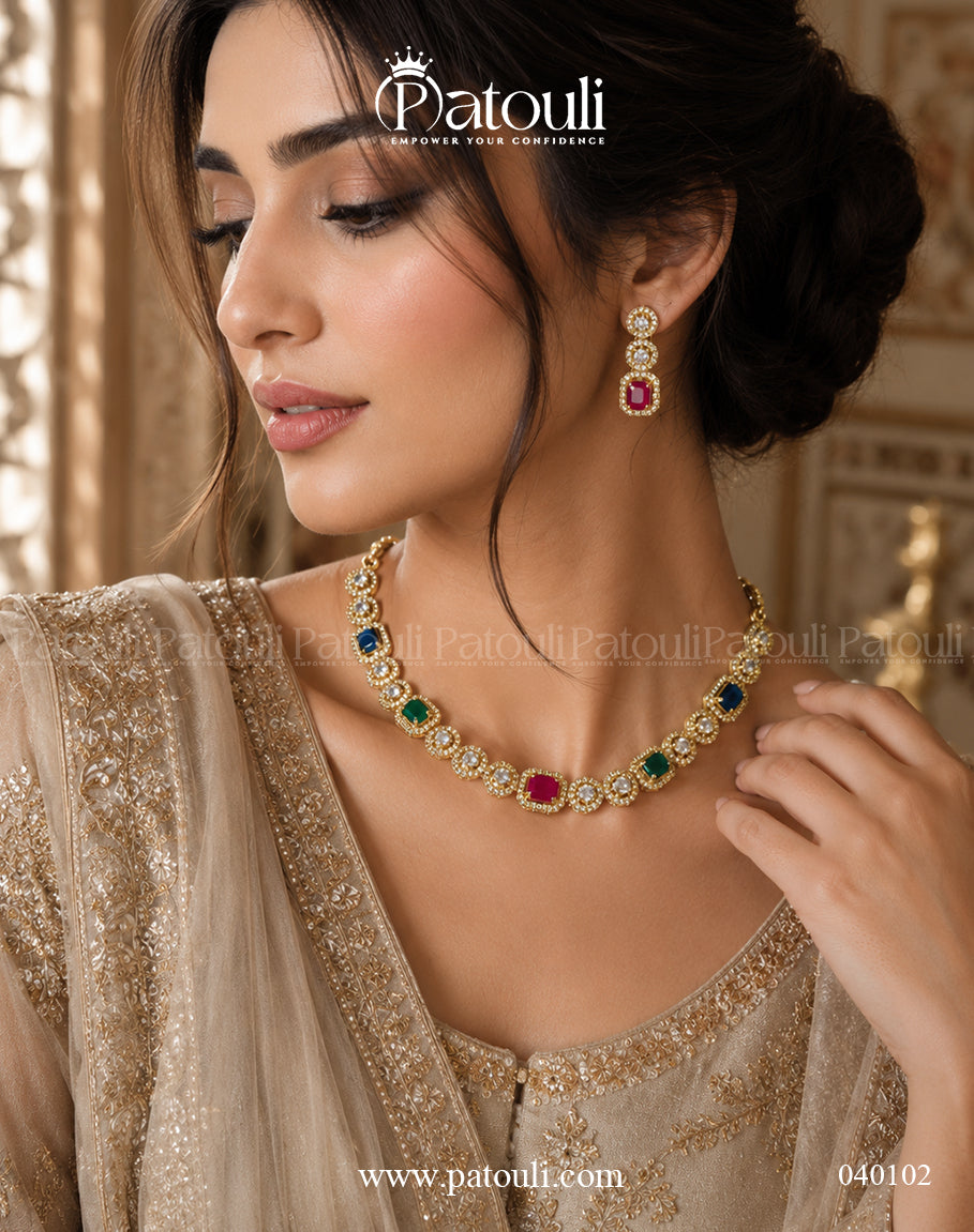 Royal American Diamond Multi Colour Necklace  Set