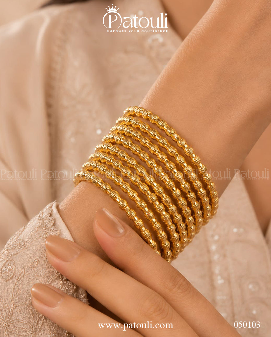 Dholki Bead Gold Plated Bangles -8pcs