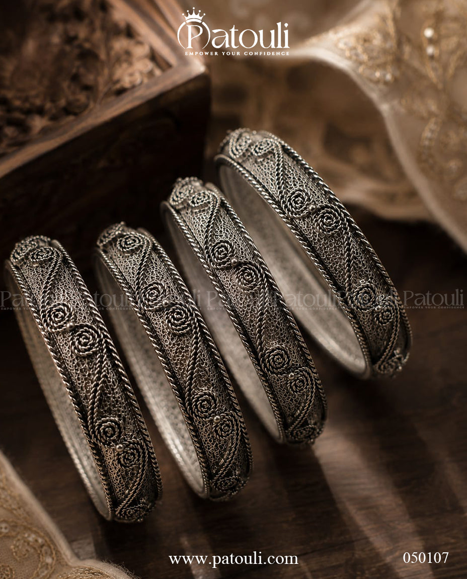 Royal Textured Oxidized Silver Bangles  - 4pcs