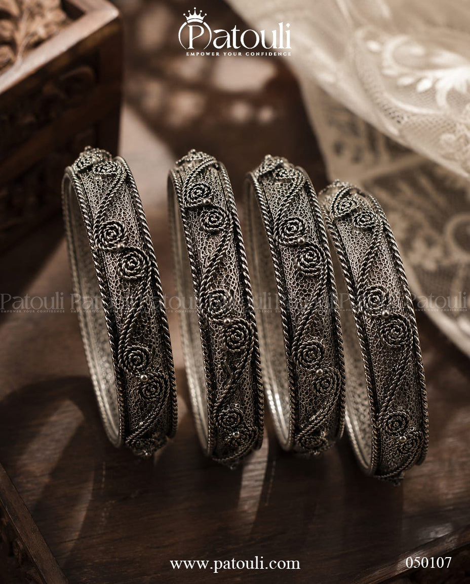 Royal Textured Oxidized Silver Bangles  - 4pcs